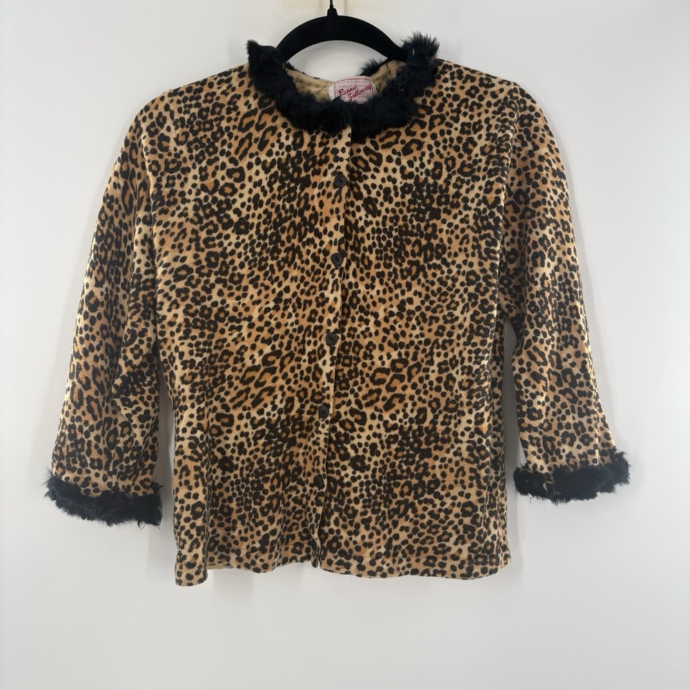 Ronnie Halloway Women's Small Cardigan Sweater Faux Fur Trim Black Leopard Print